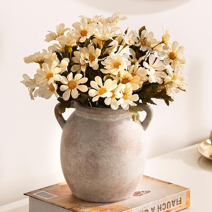 Ceramic Flower Small Vase 6 inch Farmhouse Rustic Vase Decorative Pottery Terracotta Vases for Home Decor Table Mantle Fireplace Living Room Bathroom Wedding Centerpiece