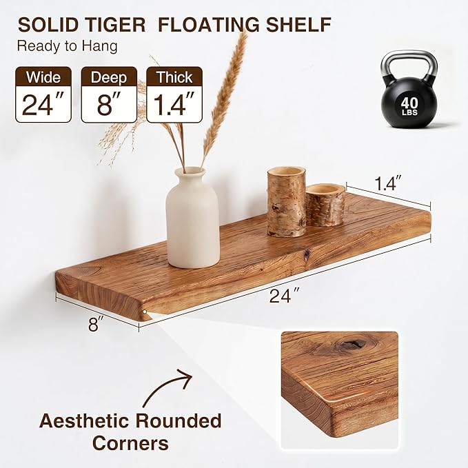 24 Inch Floating Shelves, Solid Wood Wall Shelves, 8 Inch Deep Floating Shelf – for Bathroom, Bedroom, Living Room, Kitchen, Home Decor & Storage, Heavy-Duty Wooden Shelf Wall-Mounted, Set of 2
