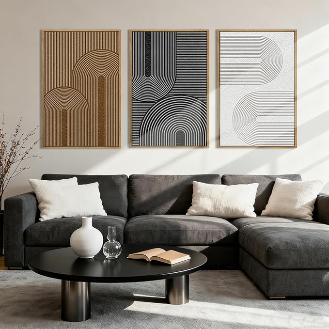 BINCUE Abstract Neutral Canvas Paintings Framed Modern Wall Art Neutral Geometric Wall Decor Modern Abstract Artwork Black and White Wall Painting Brown Pictures for Bedroom Living Room Office 16x24 Inch Set of 3
