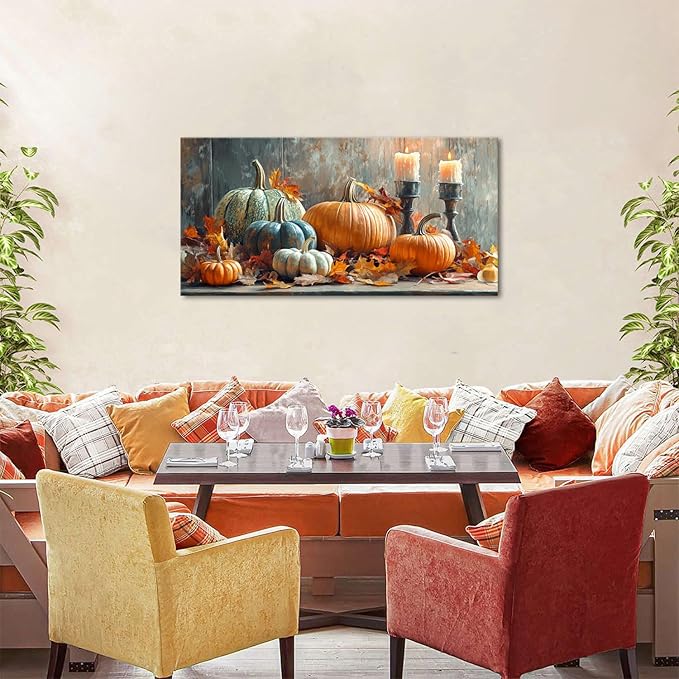 Pumpkin Wall Art Fall Kitchen Wall Decor Farmhouse Halloween Pictures Autumn Maple Leaves Canvas Prints Orange Pumpkins Painting Thanksgiving Artwork for Dining Room Bedroom Home Decoration 20x40"