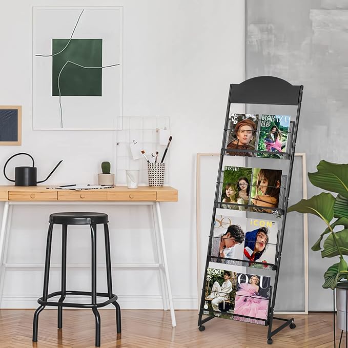 LIWSHWZ Brochure Display Stand,4-Tier Magazine Rack,Floor-Standing Magazine Literature Display Stand with Wheels,High-hardness metal,for Shop Exhibitions Office