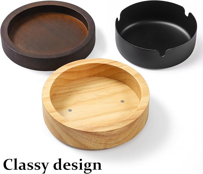 Cute Ashtrays for Cigarettes Smokeless Ash Tray with Stainless Steel Liner Windproof Wooden Ashtray with Lid for Home Office Tabletop Outside Patio