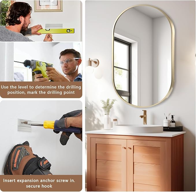 Gold Oval Mirror, 24"x36" Oval Bathroom Mirror, Vanity Mirror with Brushed Metal Frame, Wall Mount Mirrors Decor for Bathroom, Bedroom, Entryway, Living Room(Hangs Horizontally or Vertically)