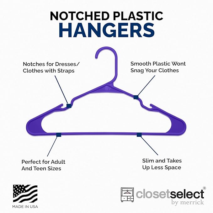 Plastic Hangers 50 Pack - Space Saving Clothes Hangers, Made in USA, Durable & Strong Plastic Shirt & Coat Hanger with Notches & Shoulder Grooves, Non-Slip Clothing Hangers | Dark Grape