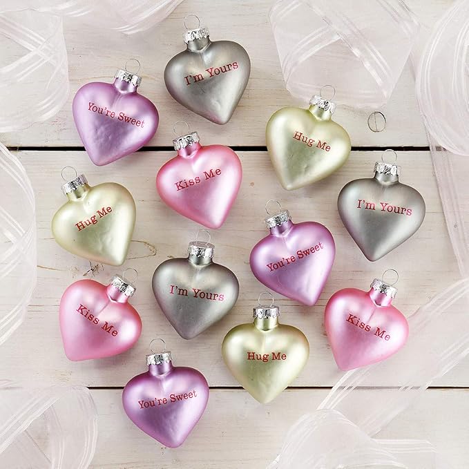 Lillian Vernon Pastel Candy Conversation Hearts Valentines Ornaments - 12-Piece Assortment, Blown Glass, Handcrafted Hanging Tree Decorations, Pastel Heart Holiday & Party Decor, 2.5 in Tall