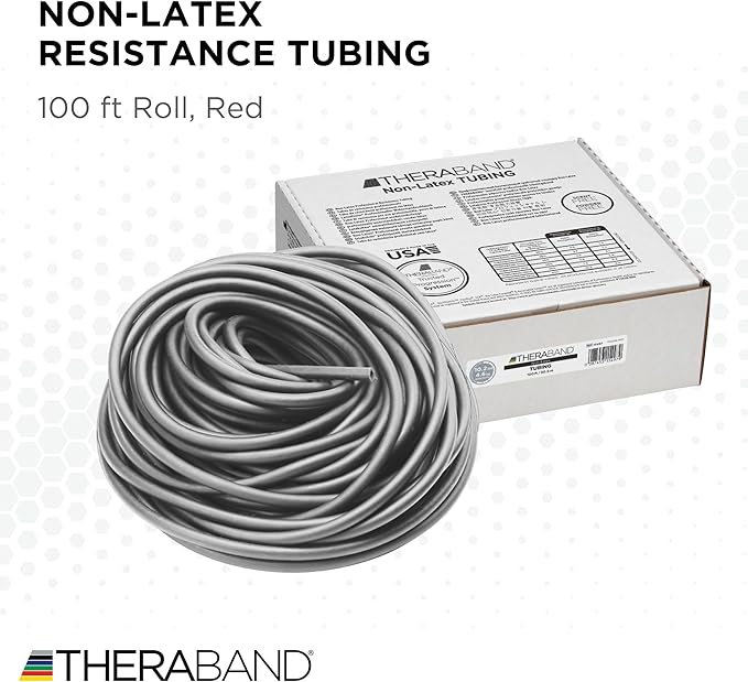 THERABAND Latex Resistance Tubing, Red, Medium Level 2, 100 ft Roll, Professional Grade Resistance Band for Exercise, Upper and Lower Body Workouts, Cut-to-Length, Color-Coded Levels