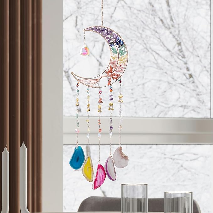 7 Chakra Wind Chimes Tree of Life Agate Moon Dream Catchers Hanging Ornament Natural Gem Agate Slice Crystal Wind Chime for Home Garden Decoration (Color)