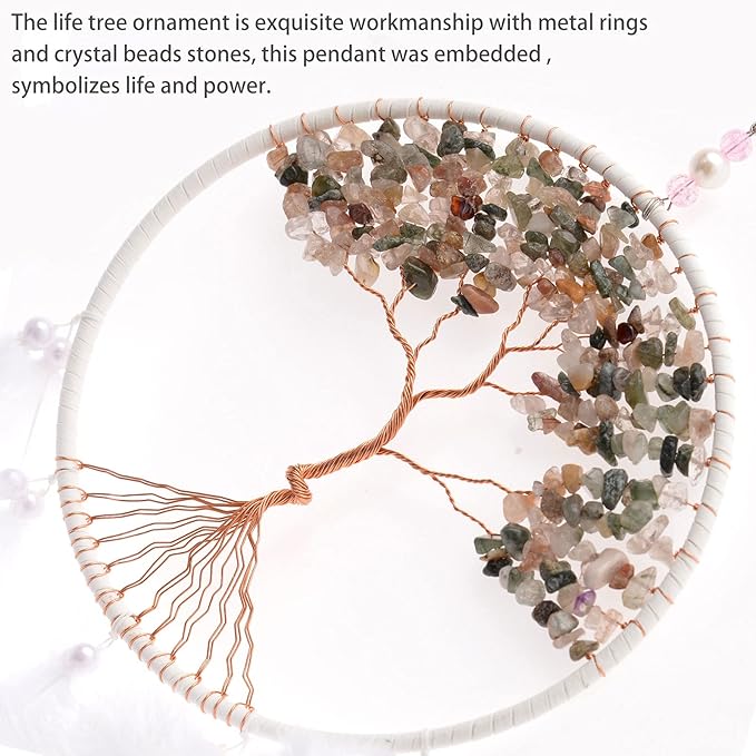 Pretty Jolly Pure White Tree of Life Dream Catcher Wall Decor with Healing Crystal Stone Handmade Feather Dream Catchers Decoration Wall Hanging Bedroom Living Room Wedding Party Home Decor-25.6"