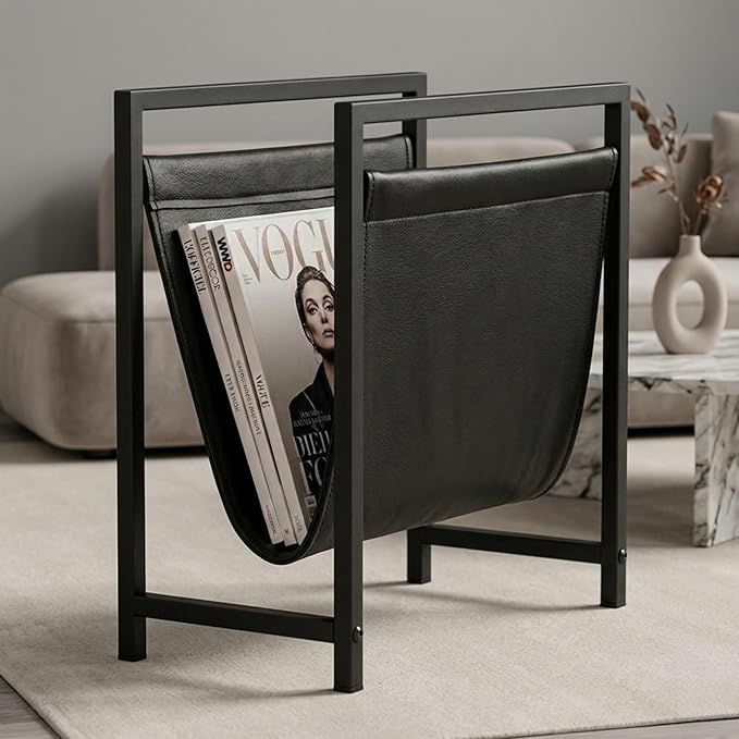 Modern Magazine Rack for Living Room and Office | Freestanding Metal and Leather Magazine Holder | Contemporary Storage Organizer for Books, Newspapers | Minimalist Home and Lounge Decor (Black)