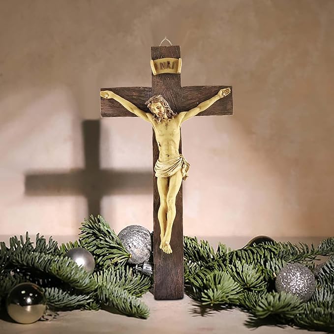 PlentifulHome 9” Resin Crucifix Wall Cross – Catholic Cross for Wall Decor, Jesus Christ Figurine, Inspirational Christian Religious Hanging for Home, Church & Spiritual Gifts