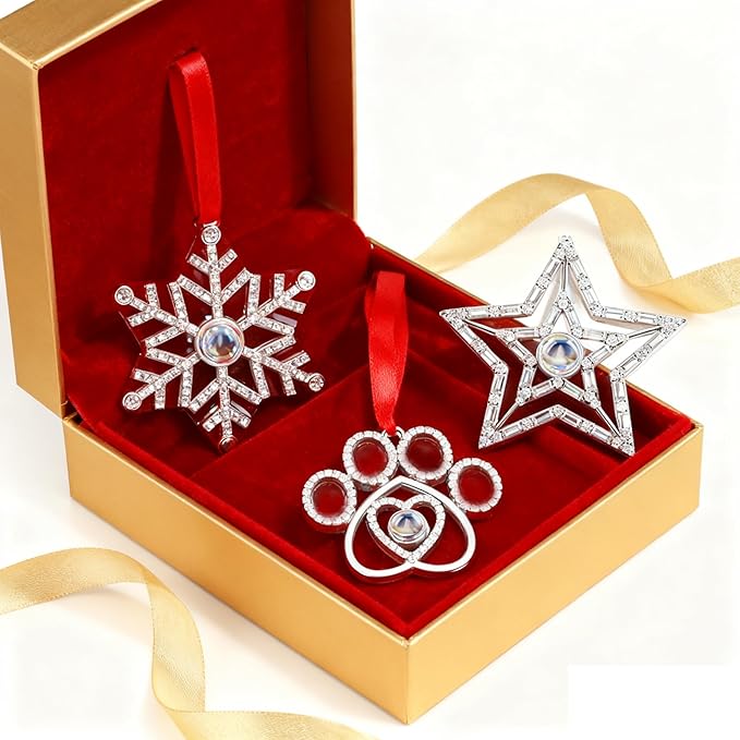 Set of 3 Christmas Hanging Ornaments - Silver Snowflake Star Pawprint Christmas Tree Decor for Xmas Tree Gift Decorative Hanging Ornaments Hanging Pendants (3, Multi-3)