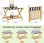 Fully Assembled Luggage Racks Pack of 2, Folding Suitcase Stand with Storage Shelf, Bamboo Luggage Stand with 5 Nylon Straps for Guest Room, Bedroom, Heavy Duty, Natural