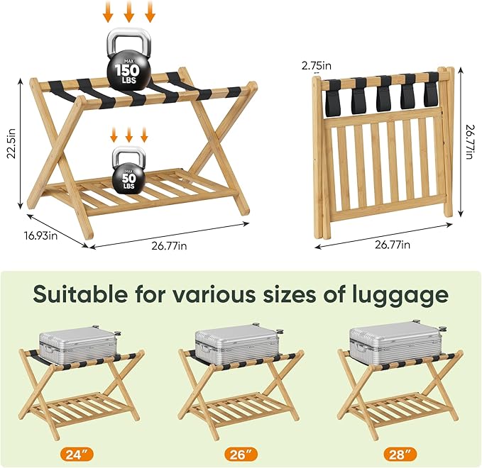 Fully Assembled Luggage Racks Pack of 2, Folding Suitcase Stand with Storage Shelf, Bamboo Luggage Stand with 5 Nylon Straps for Guest Room, Bedroom, Heavy Duty, Natural