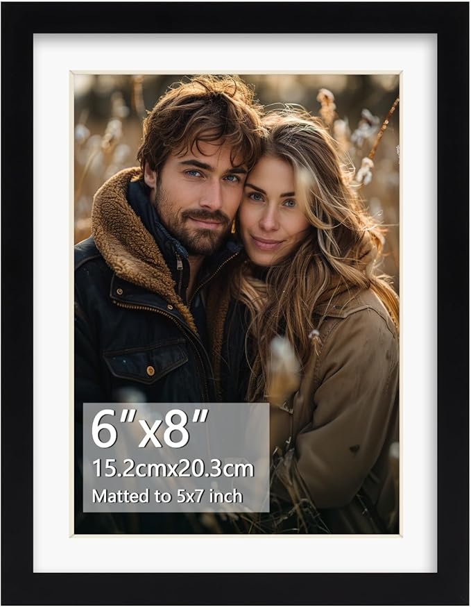 Rempry 6x8 Picture Frame, Display Pictures 5x7 with Mat or 6x8 Without Mat, Wall Hanging or Tabletop Photo Frame with Shatter Resistant Plexiglass, Black, 1 Pack
