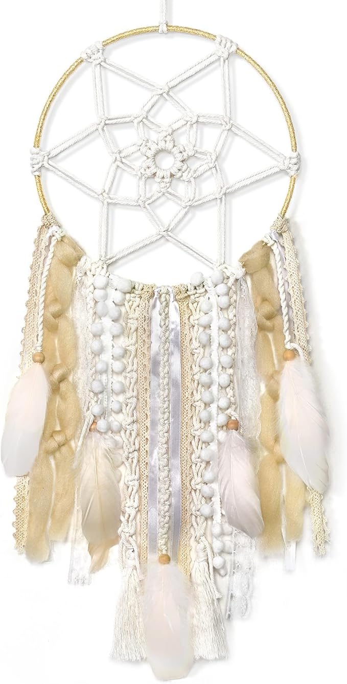 LOMOHOO Large Dream Catcher Handmade Feather Dreamcatcher, Traditional Dream Catchers with Woven Tassels Boho Wall Hanging for Girl Kids Bedroom Baby Room Home Decor Craft Ornament Gift (Champagne)
