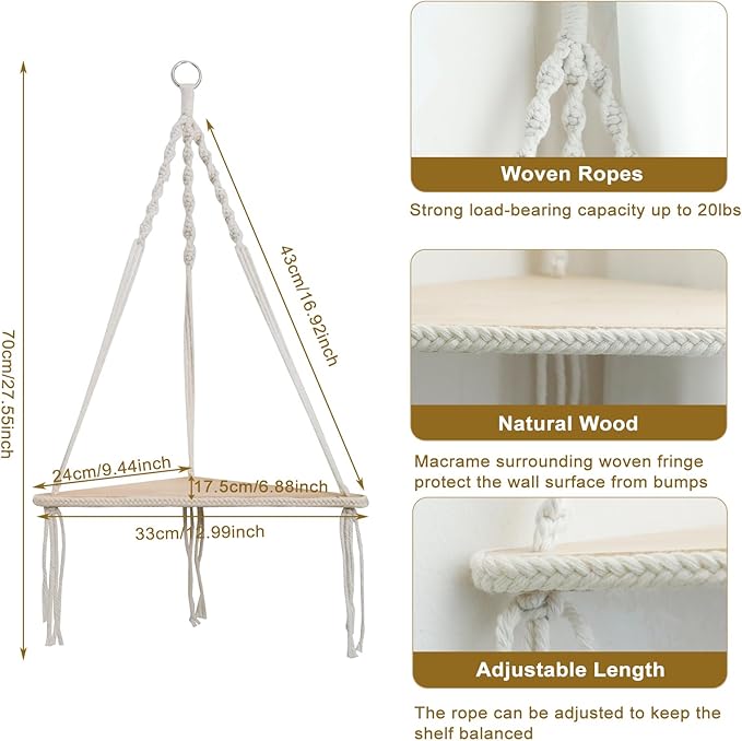 Artilady Macrame Corner Shelf Wall Hanging - White Corner Floating Shelves Boho Wall Decor, Rustic Wooden Plant Shelf Storage Rack for Bedroom Living Room Bathroom