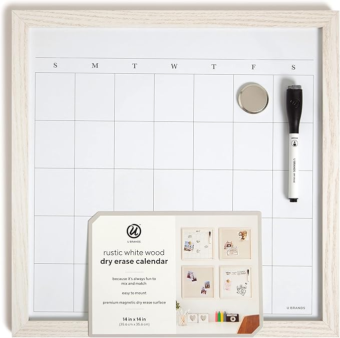 U Brands Rustic Monthly Dry Erase Board with White Wooden Frame, Office Supplies, 14” x 14”