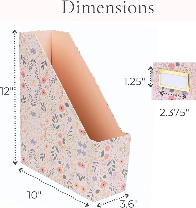 BLU MONACO | Cardboard Magazine File Holder Set of 4 | Standing File Holder with Floral Boho Design | Foldable Cardboard Bins for Shelves Desk Office Storage