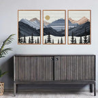 KAIRNE Mountain Canvas Wall Art,Abstract Landscape Wall Decor Set of 3(16”X24”),Sunrise Pine Forest Nature Prints,Wilderness Scenery Pictures for Living Room Bedroom Farmhouse Office Decor,Framed