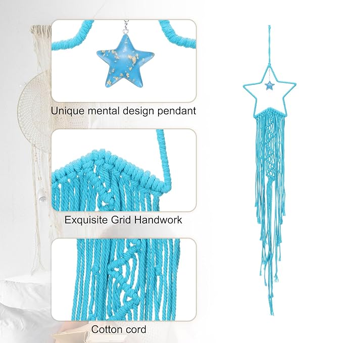 MECCANIXITY Macrame Dream Catchers, Sky Blue Handmade Star Design Woven Cotton Dream Catcher Wall Hanging for Home Bedroom Decoration Ornament Craft Gift