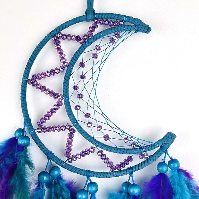Moon Dream Catcher Handmade for Bedroom Purple and Blue Feather Dream Catchers for Home Decoration Ornaments for Bedroom Wall Hanging (Blue Feather - 1pc)