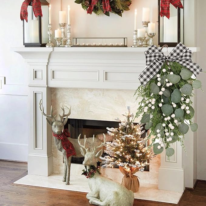 BestAlice 19.7 Inch Eucalyptus Swag with Bow, Wall Hanging Greenery Teardrop Wreath, Artificial Green Leaves Wreaths Decorative for Front Door Farmhouse Decor