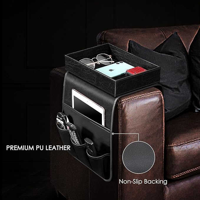 SITHON Sofa Remote Control Holder with Detachable Tray - [Non Slip] PU Leather Chair Couch Armrest Organizer Caddy with 5 Pockets for Magazines Phone iPad TV Remote Game Controller Eyeglasses (*Black)