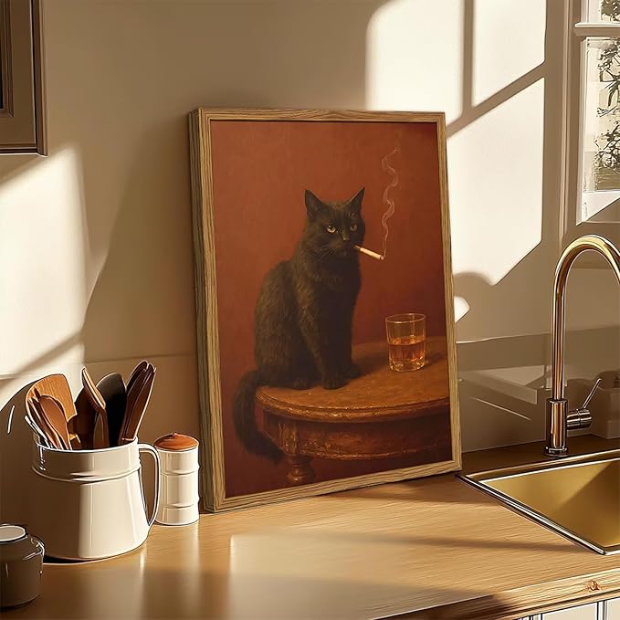 Framed Funny Black Cat Wall Art, Vintage Moody Cat Pictures Wall Decor, Humor Cool Animal Paintings Canvas Prints for Living Room Bedroom Bathroom Bar 16x24 inch