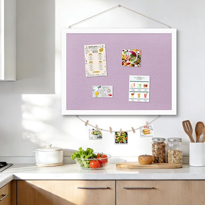 DOLLAR BOSS Bulletin Board with Linen Double-Sided 24" x 18" Linen Cork Boards for Walls Picture Display Vision Board for Office Home School Framed Picture Pin Board, 20 Pushpins 10 Clips, Purple