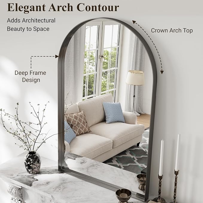 Arch Bathroom Mirror, 30"x48" Wall Mounted Vanity Mirror with Deep Frame, Tempered Glass Decor Mirror for Bathroom, Bedroom, Entryway and Living Room, Hanging or Leaning, Black