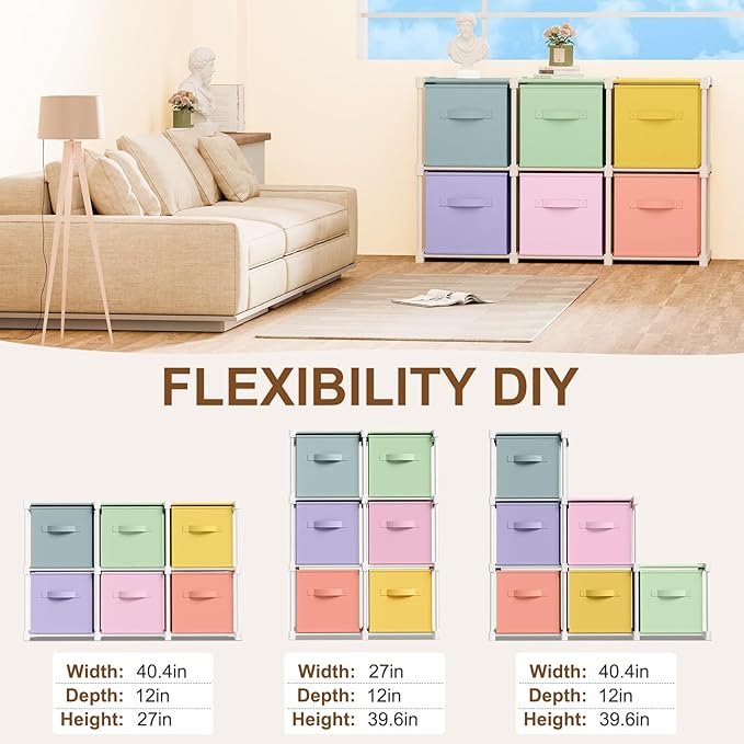 6 Cube Storage Organizer with Shelf Back to School Boxes 11 Inch Toy Storage Bins Closet Organizers Drawers Fabric Dresser for Playroom Books Bedroom Dorm Kitchen (Multiple Colors)