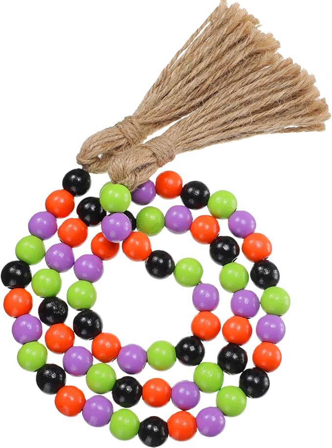 Equsion Seasonal Wooden Bead Garland with Tassels, 3.3 ft Holiday Vintage Boho Bead Garland Easter Tray Decoration, Vase Wall Room Art Birthday Party Decoration(Halloween Colors)