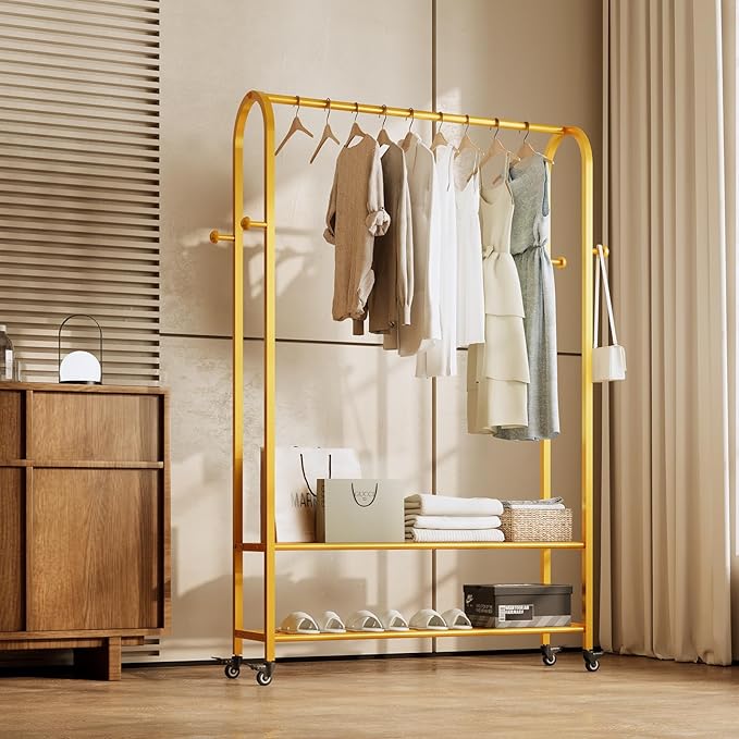 Sturdy Heavy Duty Clothes Rack With Wheels,Modern Clothing Rack With Shelves & hooks, Garment Racks for Hanging Clothes,Closet Rack for Bedroom,49.21in Wide,Clothes Storage and Display (gold)