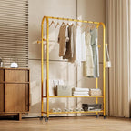 Sturdy Heavy Duty Clothes Rack With Wheels,Modern Clothing Rack With Shelves & hooks, Garment Racks for Hanging Clothes,Closet Rack for Bedroom,49.21in Wide,Clothes Storage and Display (gold)
