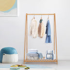 Small Clothes Rack Kids Dress Up Storage for Playroom, Toddlers Bedroom, Bamboo Child Garment Rack with Storage Shelf, Kids Clothing Rack Costumes Organizer