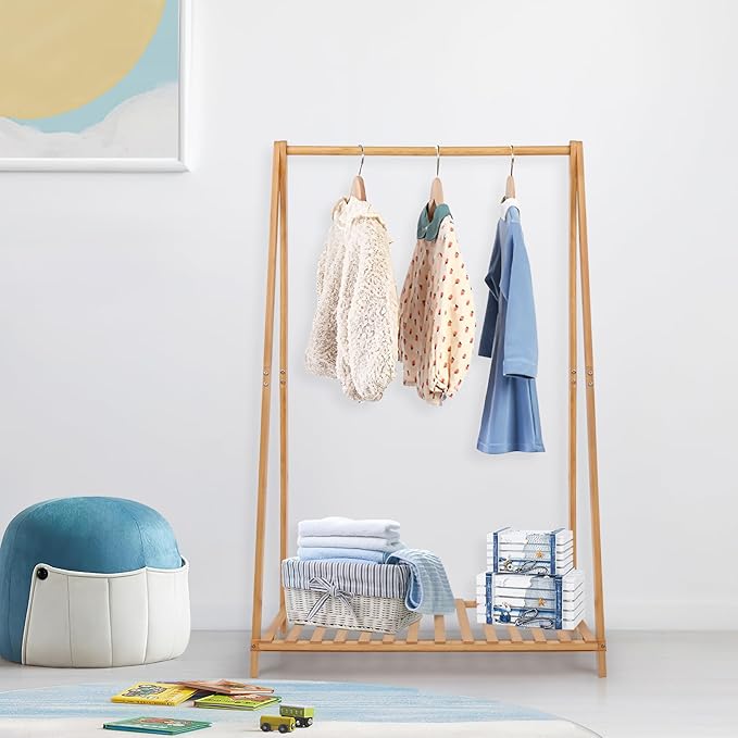 Small Clothes Rack Kids Dress Up Storage for Playroom, Toddlers Bedroom, Bamboo Child Garment Rack with Storage Shelf, Kids Clothing Rack Costumes Organizer