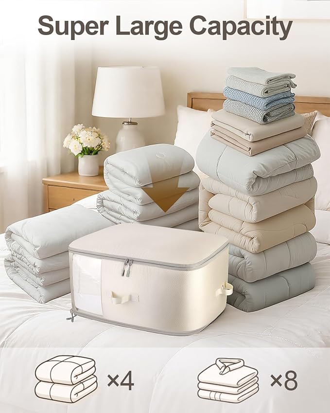 Comforter Storage Bag - 3-Layer Self Compression Organizer, 2-Pack Closet Organizers and Storage, Under Bed Space Saver, Blanket Organizer for Bedding, Pillow, Sheet, Clothes, Nursery Use
