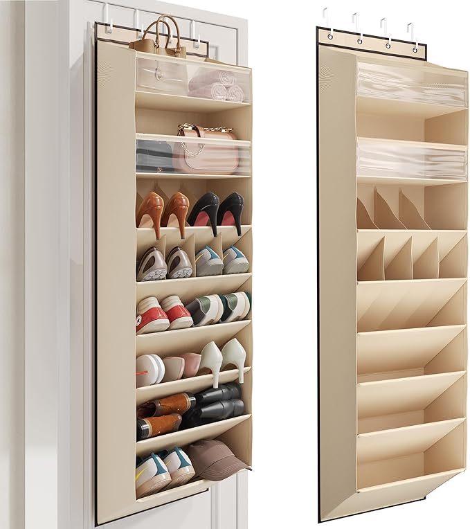 16-20 Pairs Over the Door Shoe Organizer, Clear Pockets Shoe Rack for Closet Door, Hanging Shoe Rack for Boots, Behind the Door Shoe Holder Fit All the Family's Sneakers, Boots, Heels, Beige