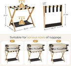Fully Assembled Luggage Racks Pack of 2, Bamboo Natural Foldable Luggage Rack for Guest Room, Suitcase Stand with Fabric Storage Shelf for Hotel, 5 Nylon Straps, 26.77" W x 16.93" D x 22.5" H