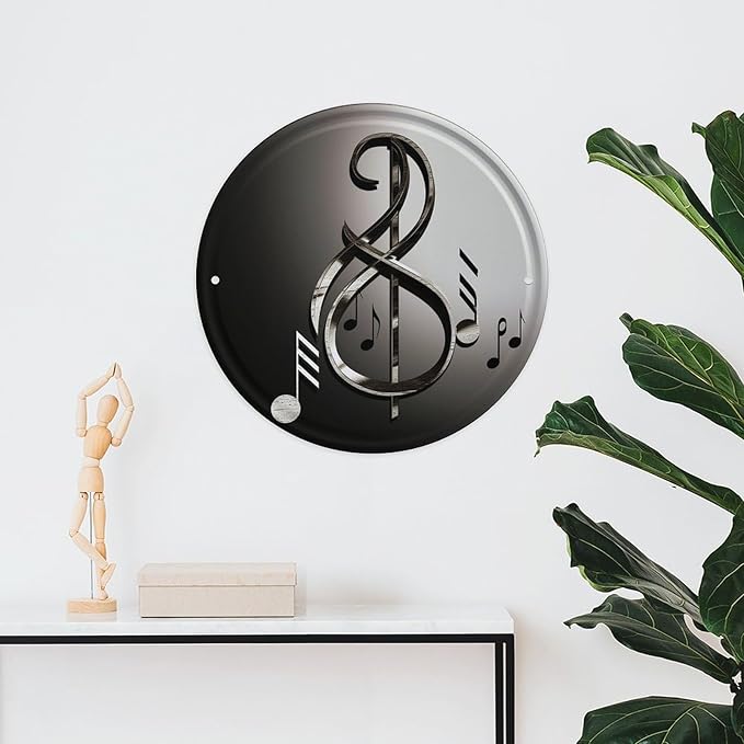 Wall Picture, with Music Symbol Printed Circular Iron Hanging Picture,Wall Art Decor,Home for Bedroom Living Room Bathroom Decor,Iron Painting 11.8X11.8 in