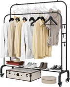 SUOERNUO Garment Rack with Wheels Clothing Rack for Hanging Clothes Multi-functional Bedroom Clothes Rack，Black+Double RodsBlack
