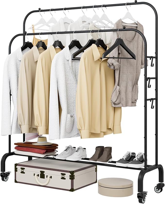 SUOERNUO Garment Rack with Wheels Clothing Rack for Hanging Clothes Multi-functional Bedroom Clothes Rack，Black+Double RodsBlack