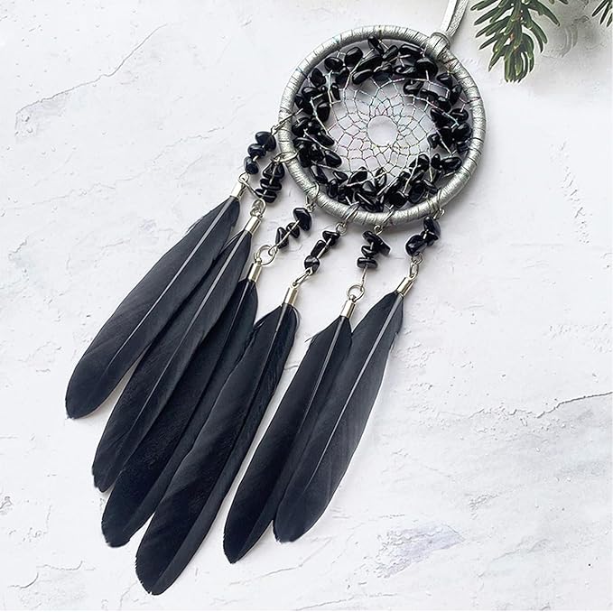 Car Rear View Mirrior Hanging Accessories Black Dream Catcher Small, Crystals Stones Feather Pendant Interior Rearview Mirror Decoration