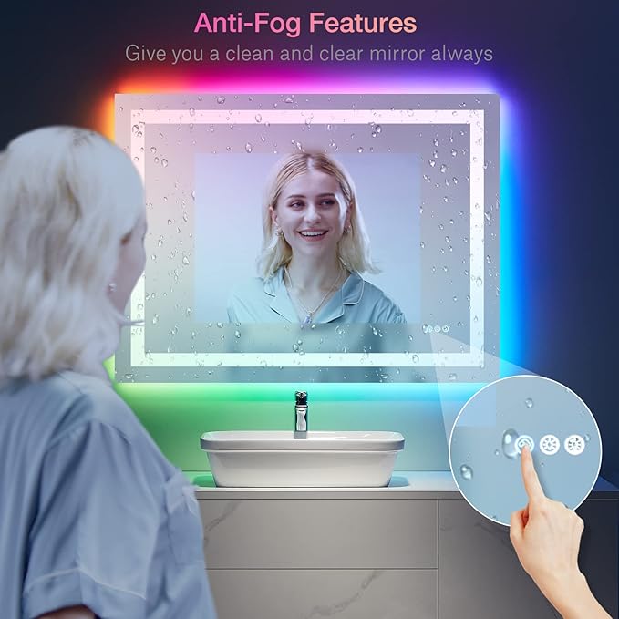 LOAAO 50"X30" LED Bathroom Mirror with Lights, Anti-Fog, Dimmable, RGB Backlit + Front Lighted, Bathroom Vanity Mirror for Wall, Memory Function