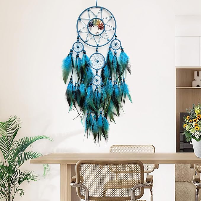 Blue Large Dream Catcher Wall Decor Crystal Tree of Life Dream Catchers Handmade Feather Dreamcatcher Wall Hanging Ornament for Bedroom Living Room Home Decor