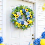 24in Spring Summer Wreaths for Front Door, Artificial Sunflower Lemon Wreath with Blue Hydrangeas, Luxury Colorful Floral Wreath for Indoor Outdoor Farmhouse Home Wall Porch Window Summer Wreath