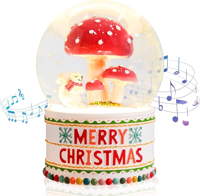 VCUTEKA Christmas Snow Globe, Musical Snow Globes for Girls with Light Up Mushroom and Squirrel, Christmas Snow Globe Decoration Gift, Battery Operated Snowglobes Christmas Décor