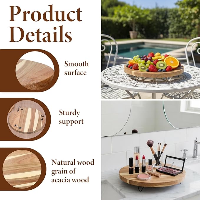 12 Inch Decorative Round Wood Riser for Display, Acacia Wood Pedestal Tray, Farmhouse Kitchen Decor Tray, Wooden Pedestal Stand for Home Decor, Kitchen Counter, Bathroom Countertop