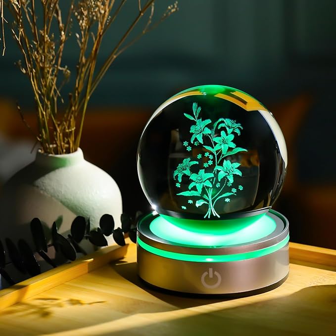 Movdyka 3D Laser Etched Lily Crystal Ball with Color-Changing LED Base – Elegant Blooming Flower Lamp for Home Decor, Unique Gift for Women & Men