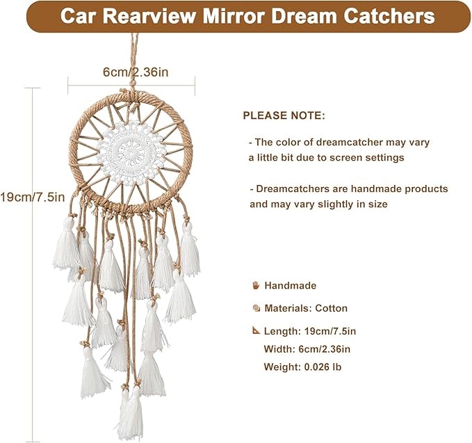 Artilady Small Dream Catcher for Cars - Bohemian Mini Dream Catchers for Cars Rear View Mirror Hanging Decoration (White)